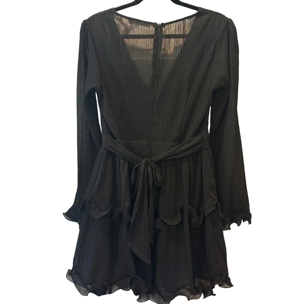 SAINTS‎ SECRETS Black Crinkle Gauze Ruffle V Neck L/S Mini Dress LG Sheer Flirty